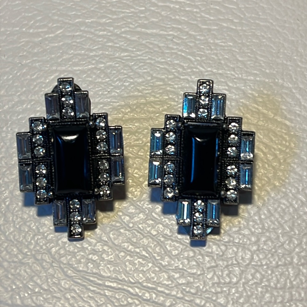 Black Square Clip-On Earrings with Crystals